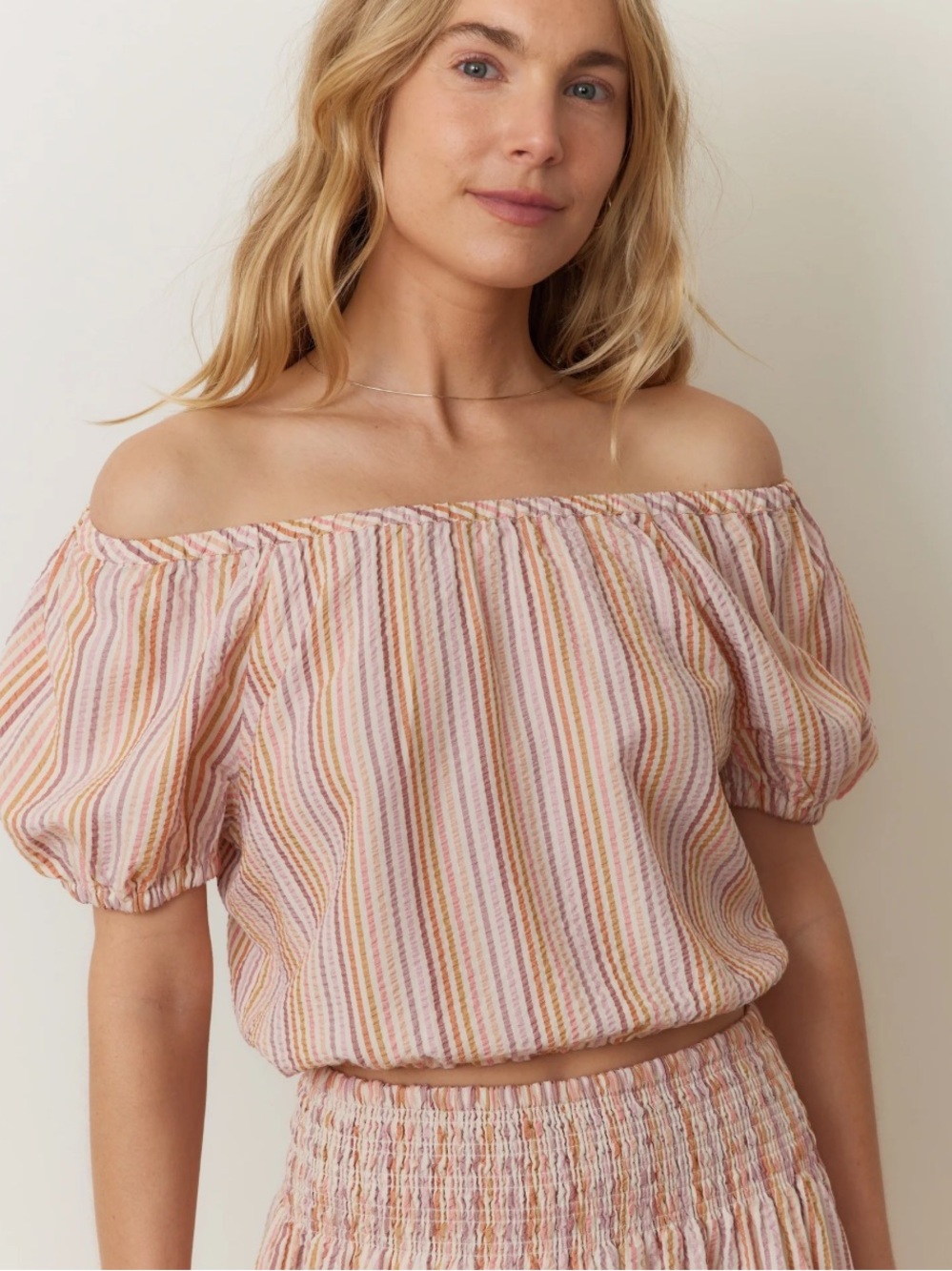 MARINE LAYER MARELLA SEERSUCKER CROP BLOUSE, SUNSET STRIPE, SIZE XS, NWT.
